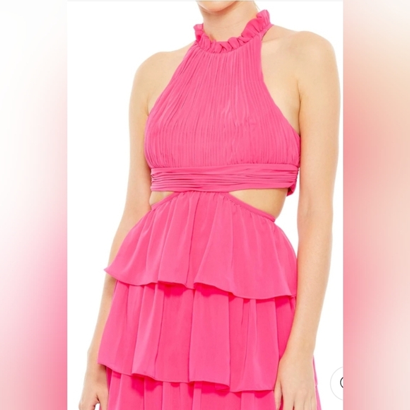 Ieena for Mac Duggal,  Tiered Ruffle Pleated High Neck Gown, HotPink, Size 6,NWT - Picture 3 of 16